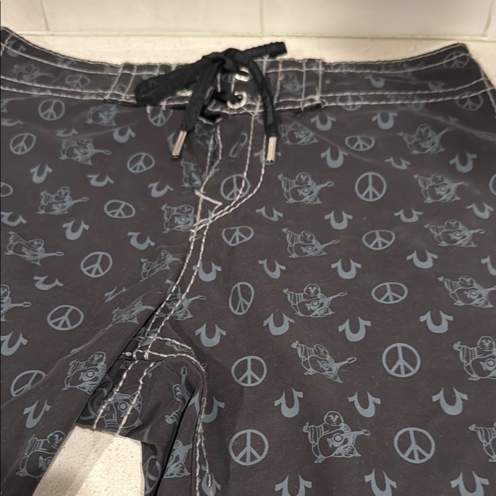 True Religion Gray and Blue Swim Trunks
